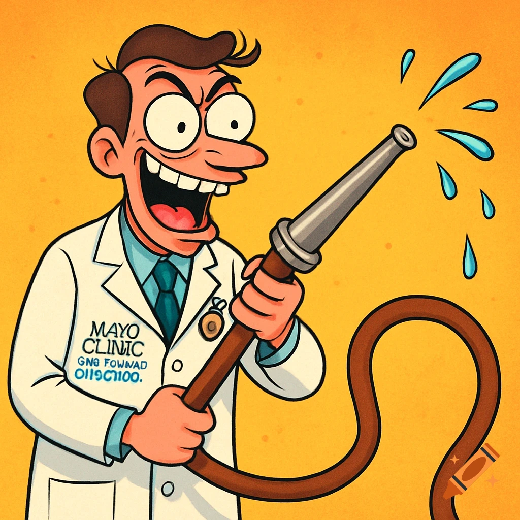 Maniacal cartoon doctor in a white coat with 'Mayo Clinic' logo, holding a fire hose with water dripping, yellow background.