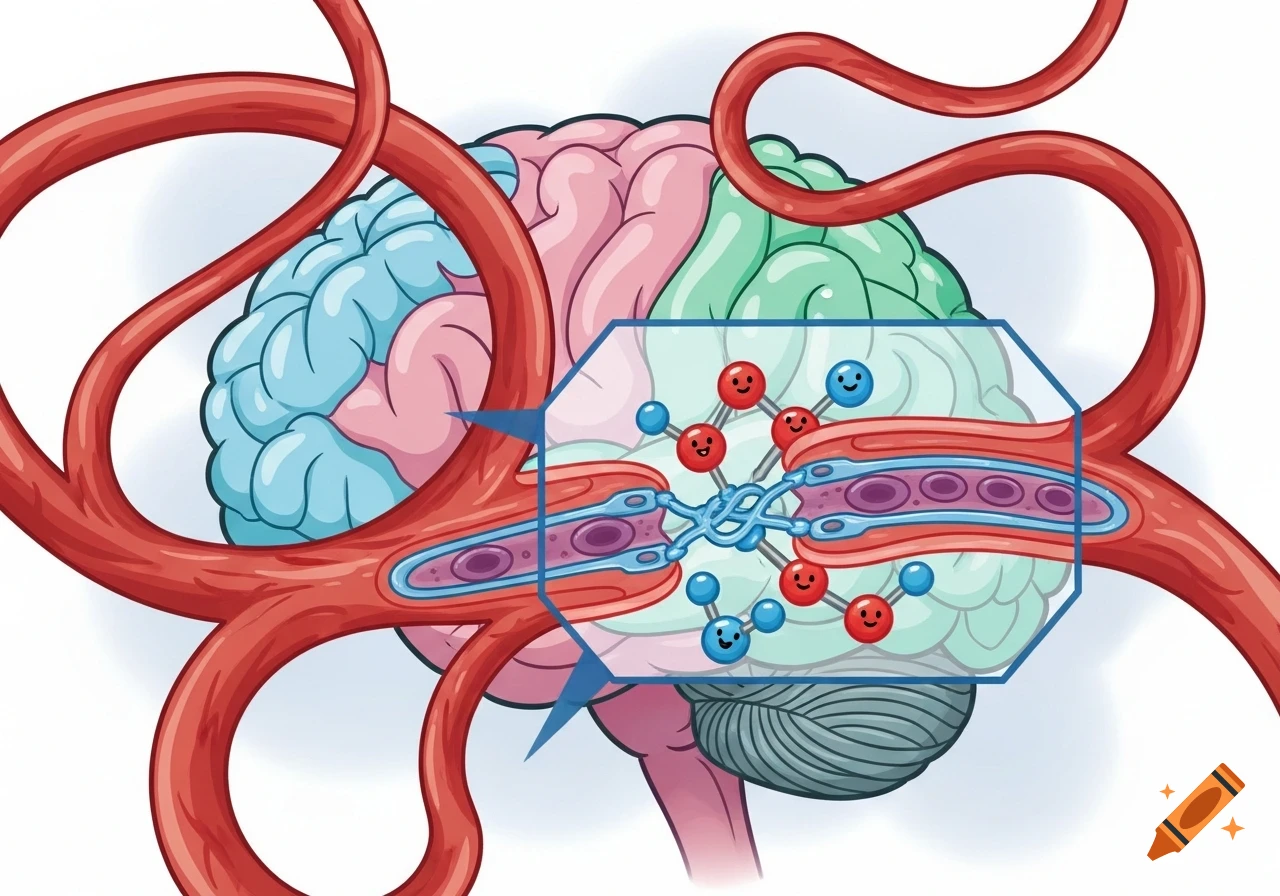 Cartoon illustration of a brain with blood vessels. A magnified view shows a tight junction blocking smiley-faced molecules in a vessel.