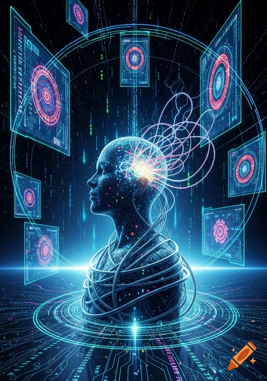 A stylized human head and torso, covered in circuit patterns and wires, glows with light, surrounded by floating holographic screens displaying data in a dark, digital environment.