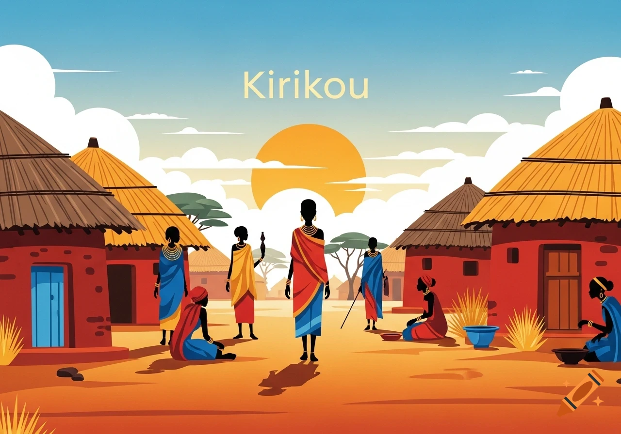 Stylized illustration of a sub-Saharan village at sunset, featuring red houses with straw roofs and silhouetted figures in colorful traditional attire, with "Kirikou" text in the sky.