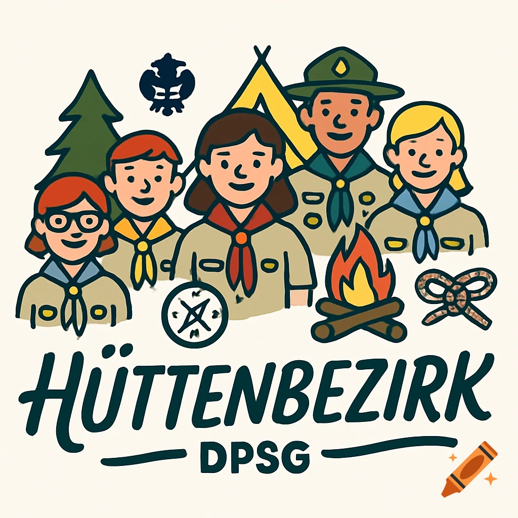 Colorful cartoon logo with five scout figures, a tent, campfire, compass, and knot, with the text HÜTTENBEZIRK DPSG.
