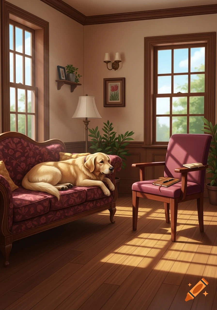 An illustrative image of a golden retriever lying on a red patterned couch in a sunlit room with windows and a chair.
