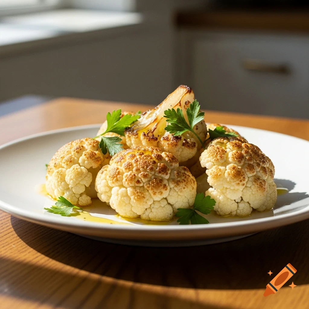 Roasted cauliflower florets with fresh parsley and oil on a white plate on a wooden table, bathed in natural sunlight.