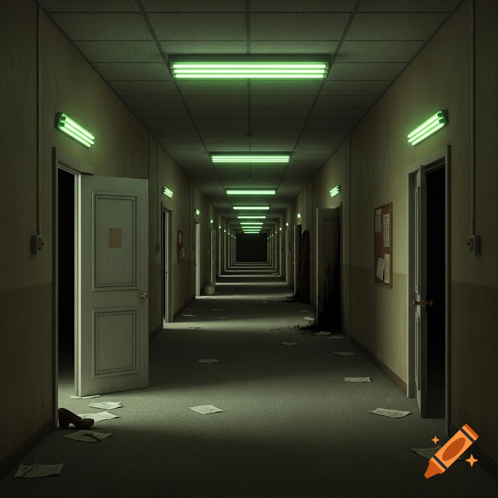 A long, dark, empty hallway with glowing green fluorescent lights, scattered papers on the floor, and open doors on both sides, creating an eerie atmosphere.