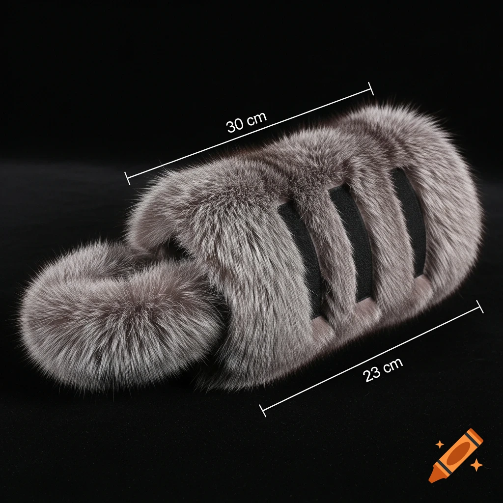 Silver fox fur tube, 30 cm long, 23 cm circumference, with three black Velcro strips and a fur-covered hand strap, on a black background.