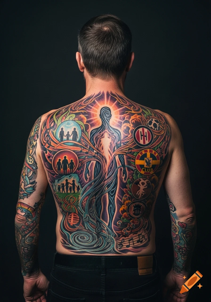 Rear view of a man with a vibrant, full-back tattoo depicting an abstract human silhouette surrounded by symbols of family, music, and a football club.