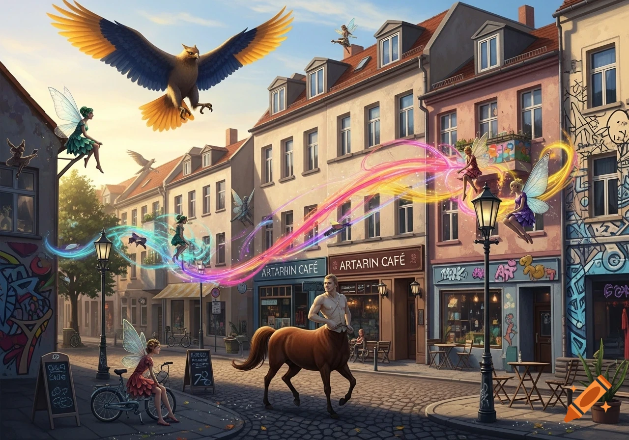 Vibrant fantasy street scene with a centaur, fairies flying amidst colorful magical trails, and a large bird soaring above buildings.