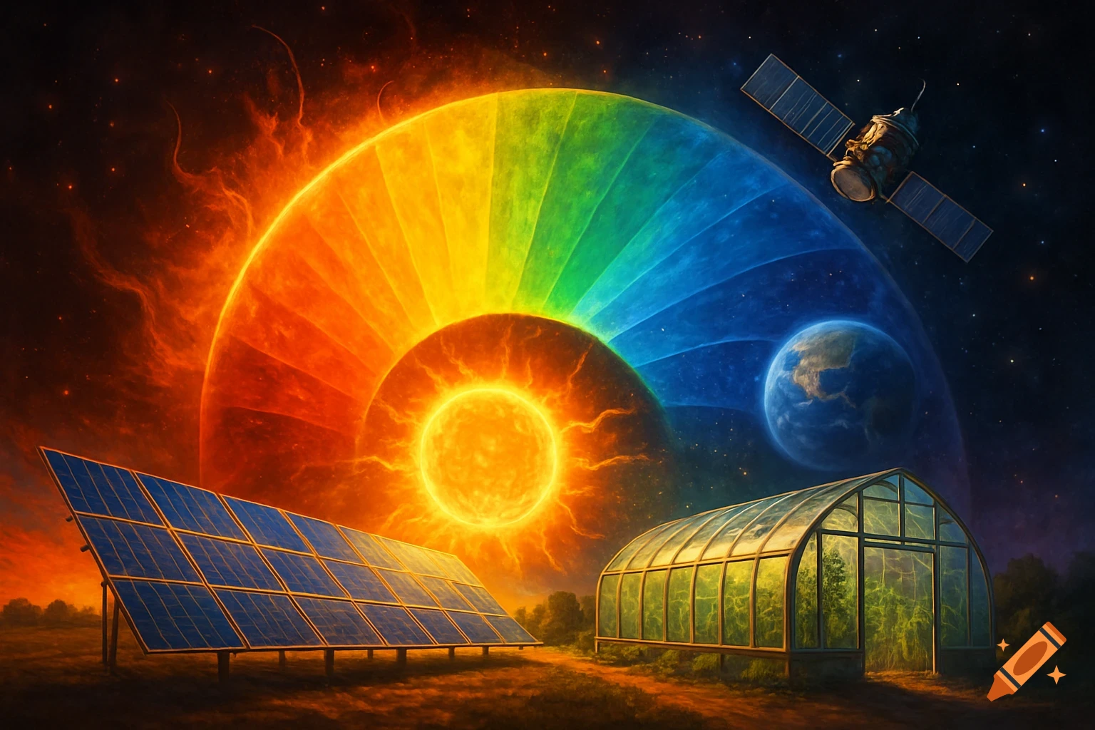A vibrant sci-fi art of the sun's electromagnetic spectrum, with Earth, a satellite, solar panels, and a greenhouse.