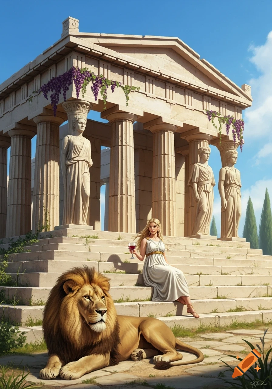 A blonde woman in a white dress sits on ancient Greek temple steps, holding a wine glass, with a lion resting at her feet under a blue sky.