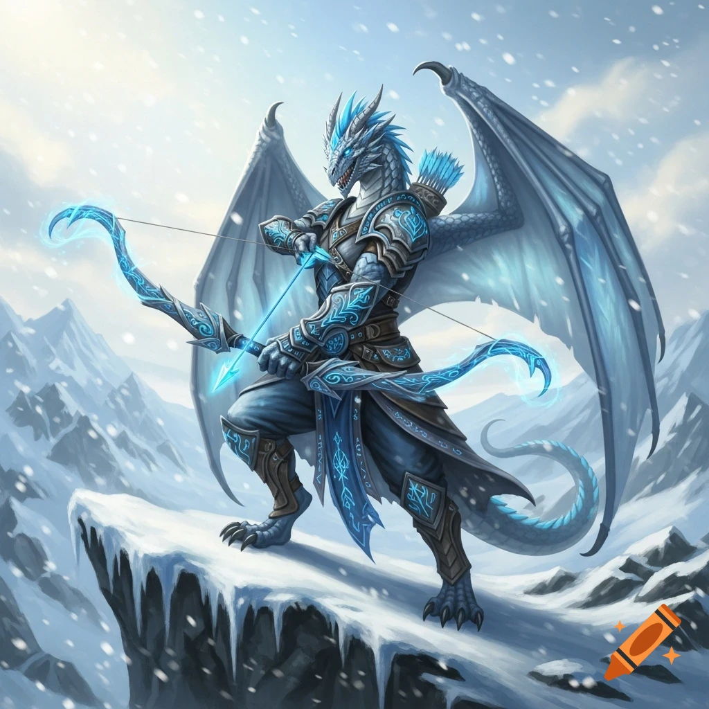 A majestic humanoid ice dragon archer in ornate armor stands on a snowy mountain peak, holding an illuminated bow.