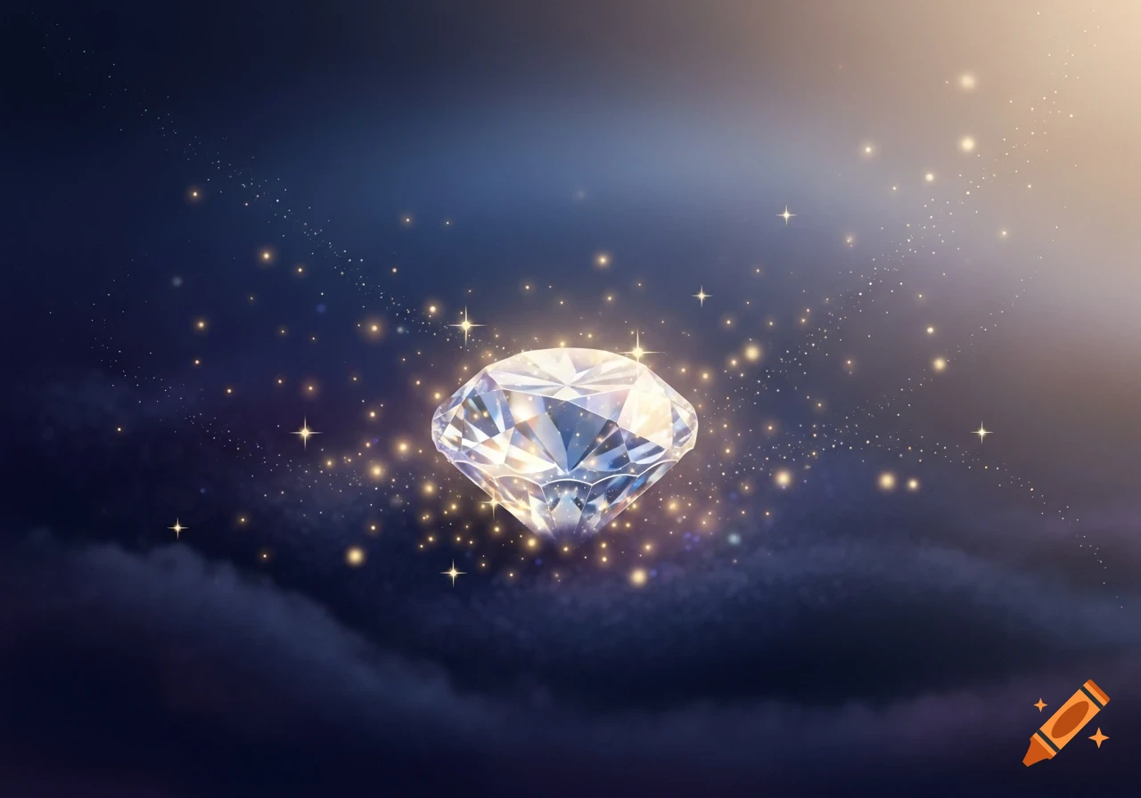 A brilliant diamond sparkles amidst golden dust and stars against a deep blue and purple magical gradient background.