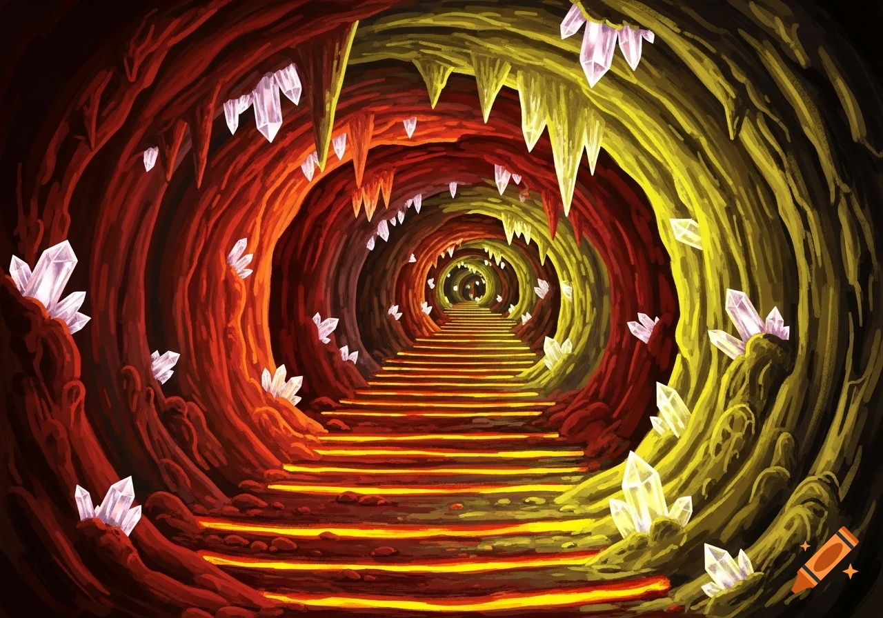 A vibrant, illuminated fantasy cave tunnel with red and yellow walls, glowing orange steps, and sparkling crystal formations.