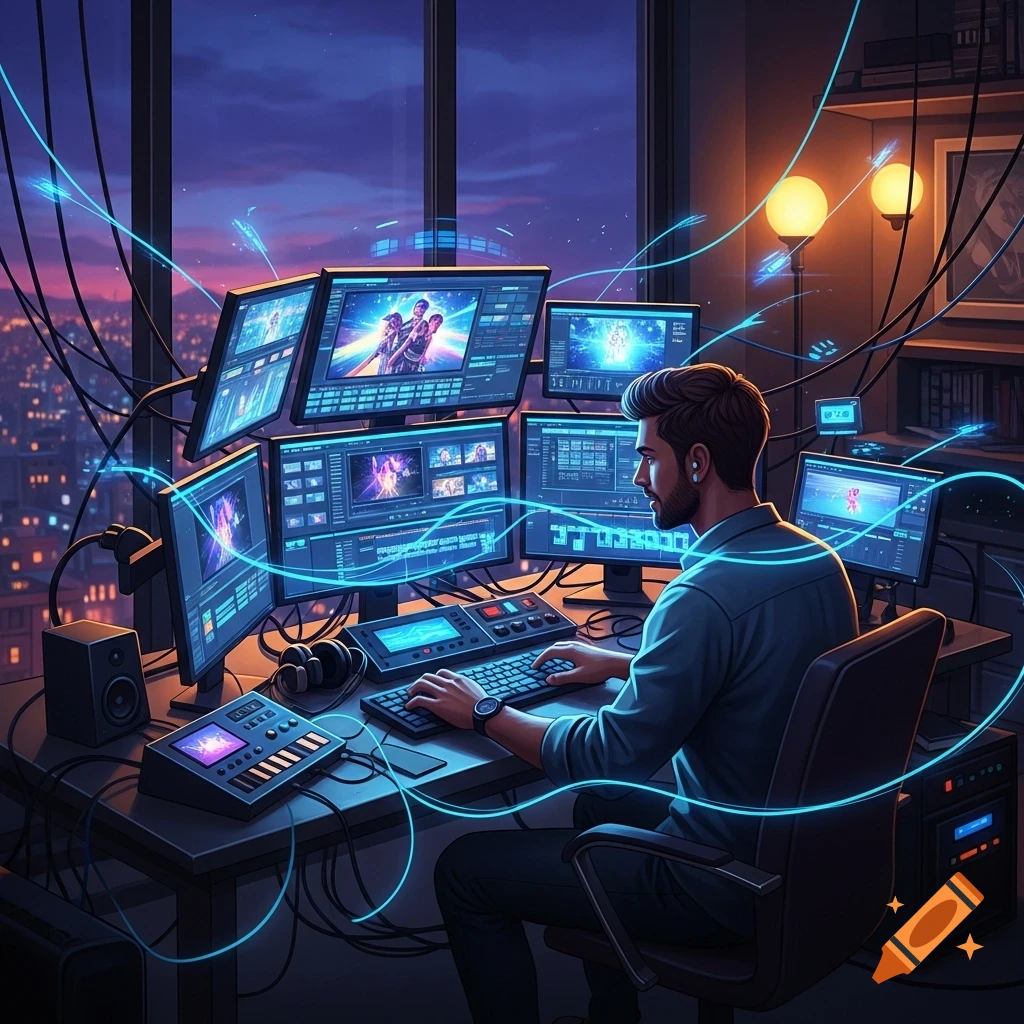A man edits content on a desk with multiple computer screens and futuristic glowing blue wires, overlooking a city at dusk.
