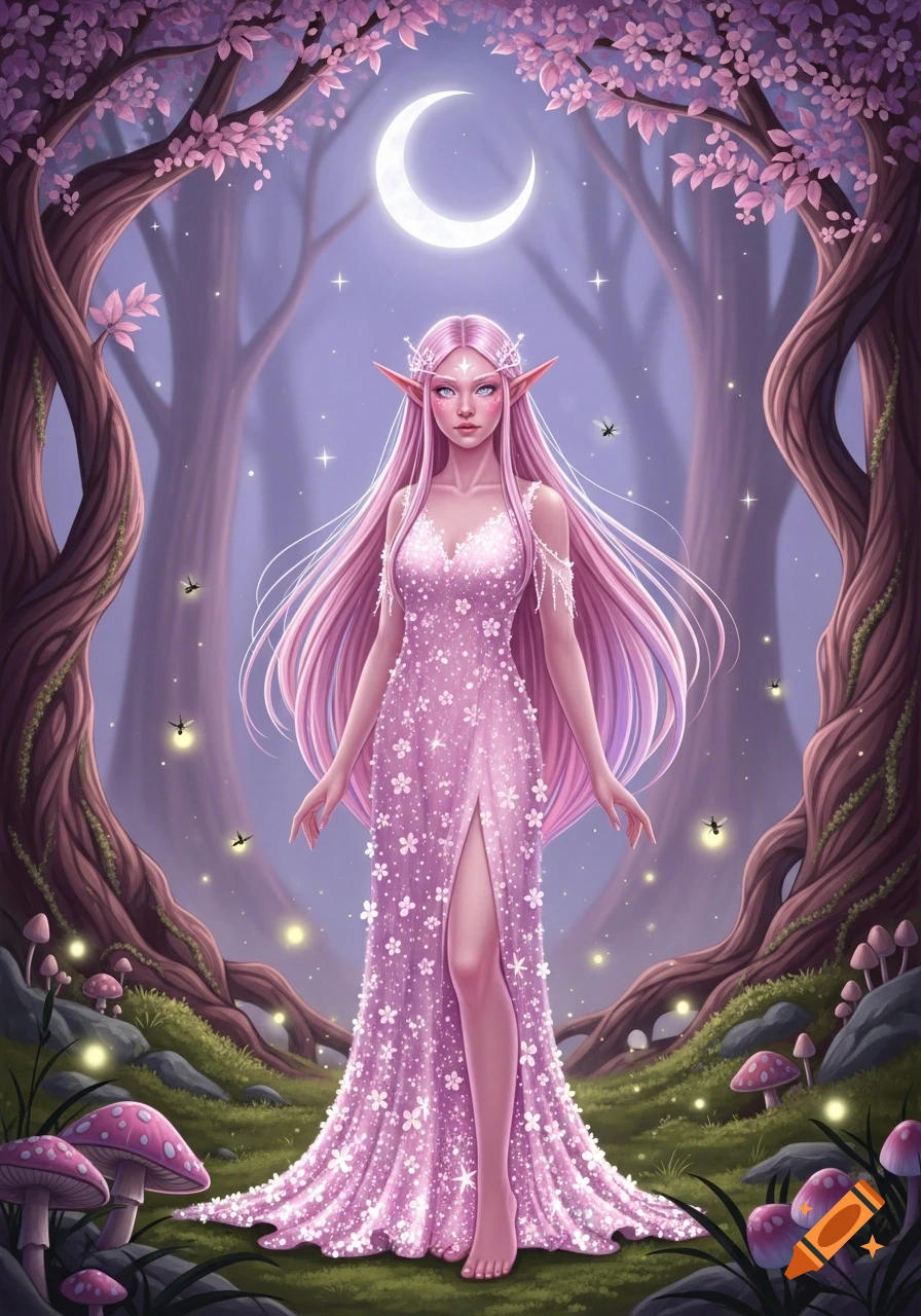 A beautiful pink-haired elf in a flowing, flowered dress stands in a magical forest under a crescent moon, surrounded by glowing fireflies and pink mushrooms.