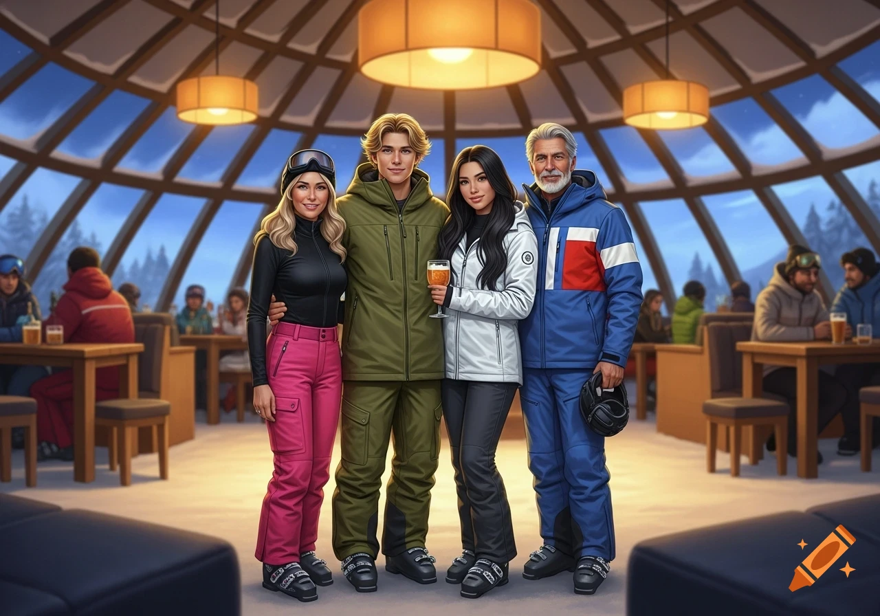 Four people in colorful ski gear pose together inside a modern ski lodge with large windows overlooking a snowy winter landscape.