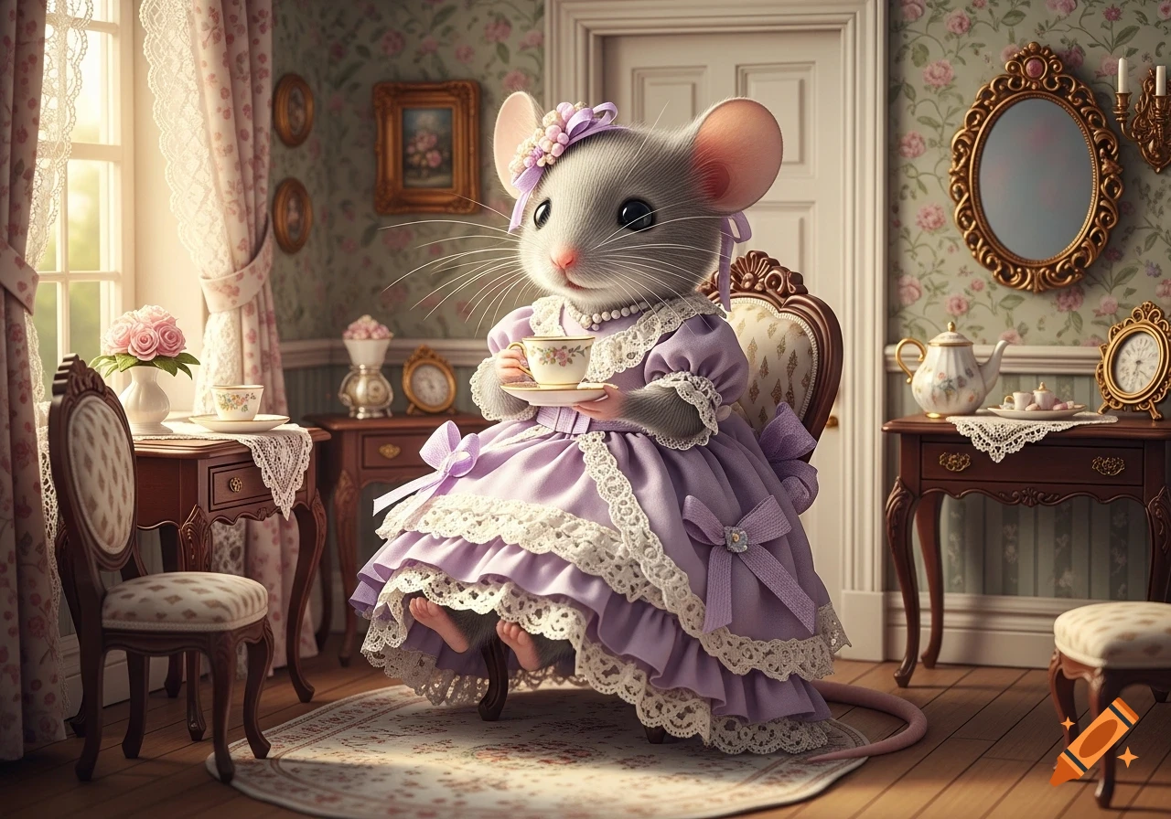 A cute anthropomorphic mouse in a lavender frilly dress holds a teacup while sitting at a table in a vintage-style room.
