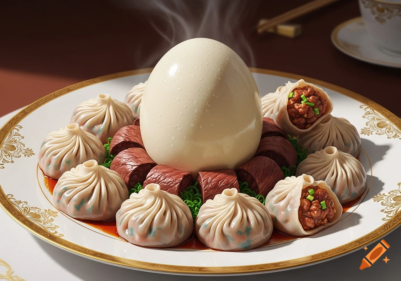 A plate of steaming dumplings and dark meat rolls arranged around a large white egg, garnished with green, on a white and gold plate.