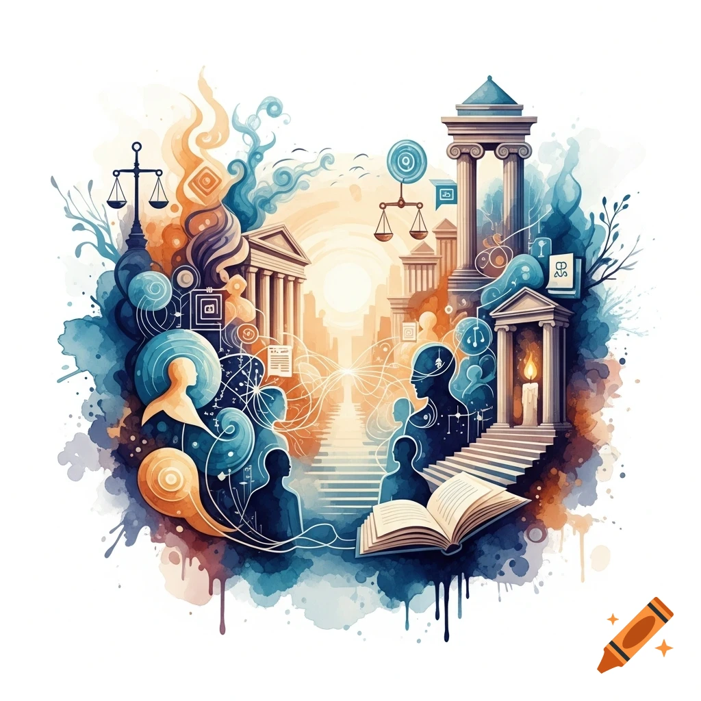 A symbolic watercolor illustration featuring classical buildings, balance scales, human silhouettes, and an open book, in blue and orange tones.