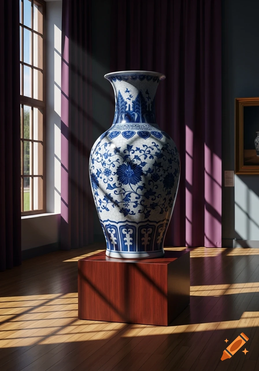 A large blue and white patterned ceramic vase on a wooden pedestal in a sunlit room, resembling a museum display.