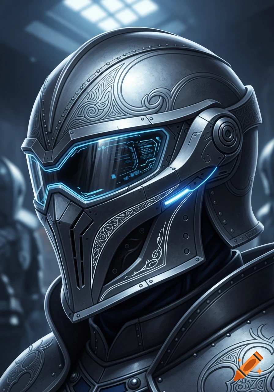 A futuristic helmet with gothic armor styling, glowing blue visor, and intricate metal details.
