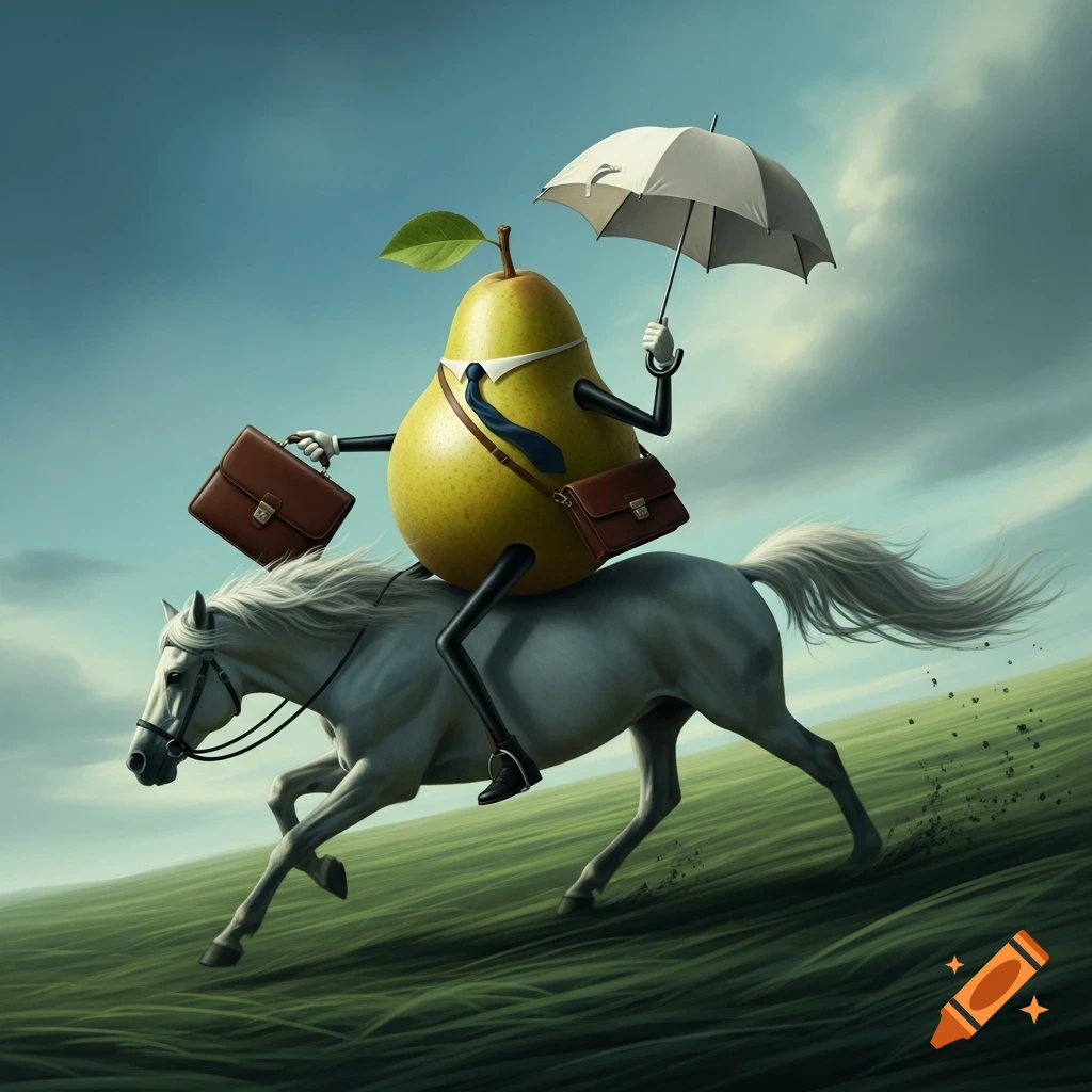 A whimsical pear character in a shirt and tie, holding a briefcase and umbrella, rides a white horse at a gallop up a grassy hill.