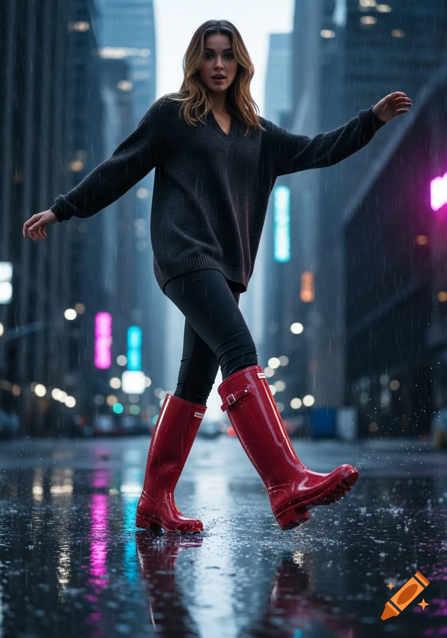 A woman in a black sweater and red rubber boots walks on a wet city street in the rain, with blurred city lights in the background.
