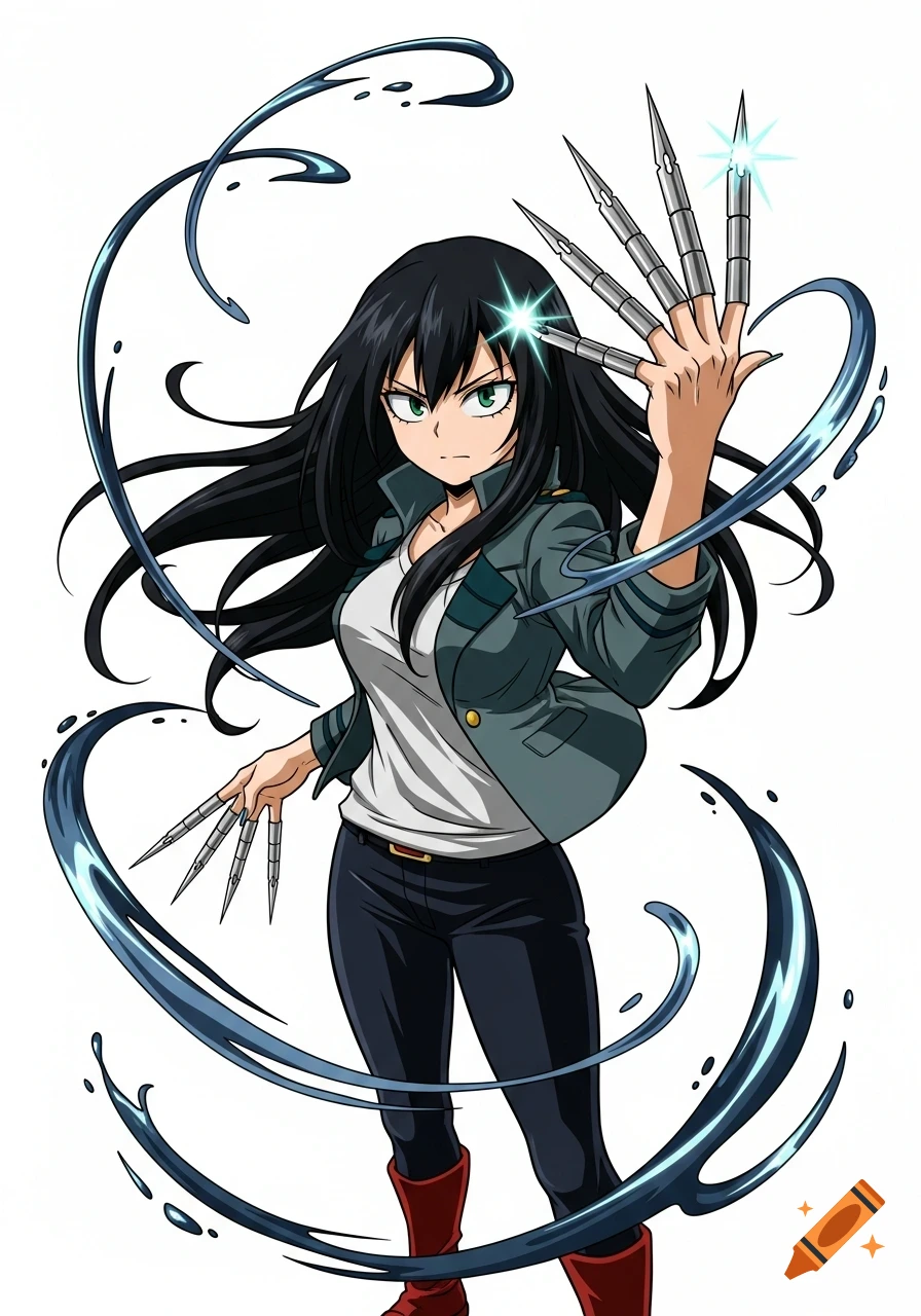 Female anime character in My Hero Academia style with long black hair, green eyes, wearing a jacket and pants, with metallic pen nibs on her fingers and swirling ink.
