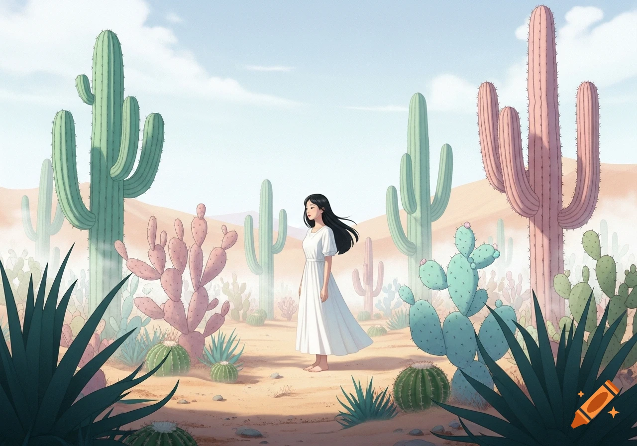 An anime-style illustration of a woman in a white dress standing among pastel pink and green cacti in a misty desert.