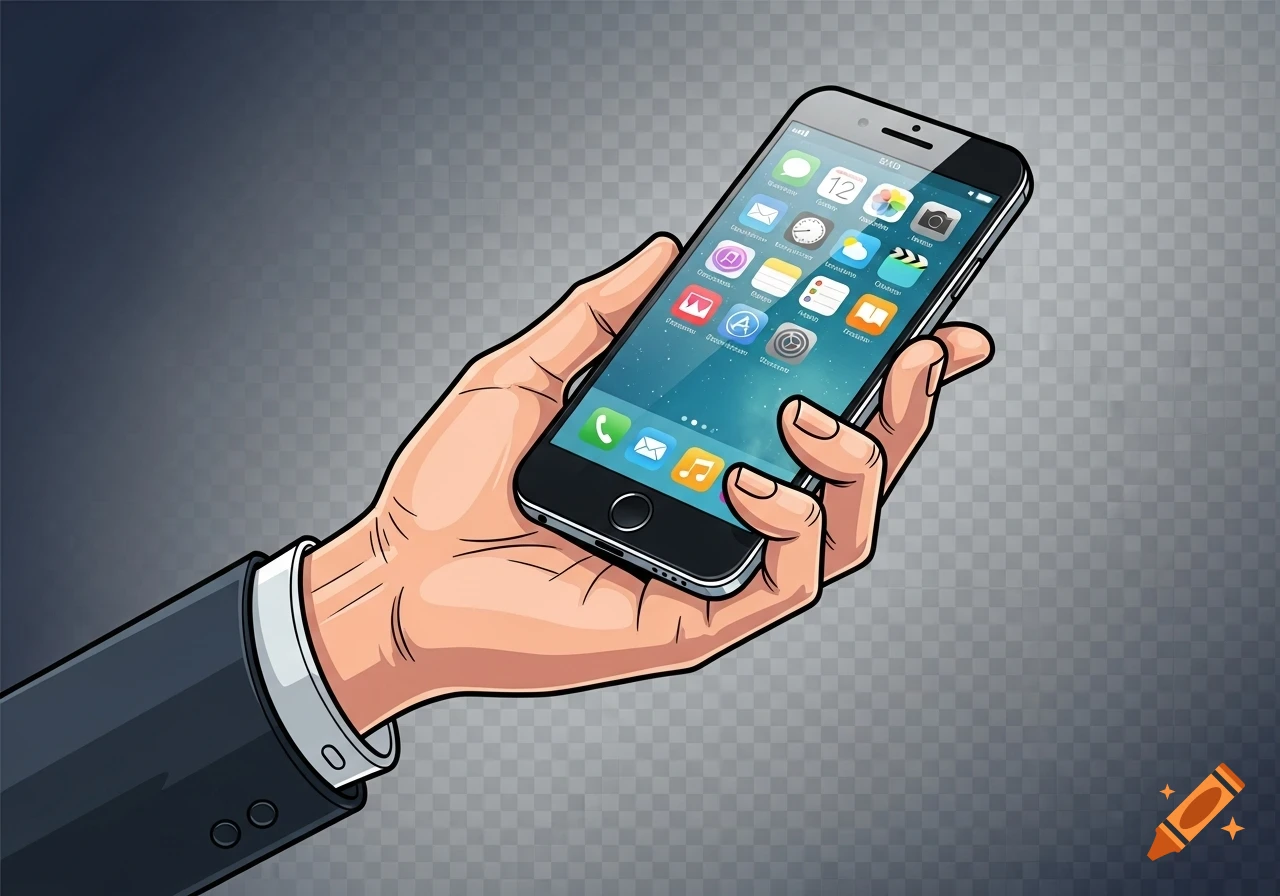 A clip art illustration of a hand in a suit jacket holding a modern black smartphone with app icons displayed on the screen.