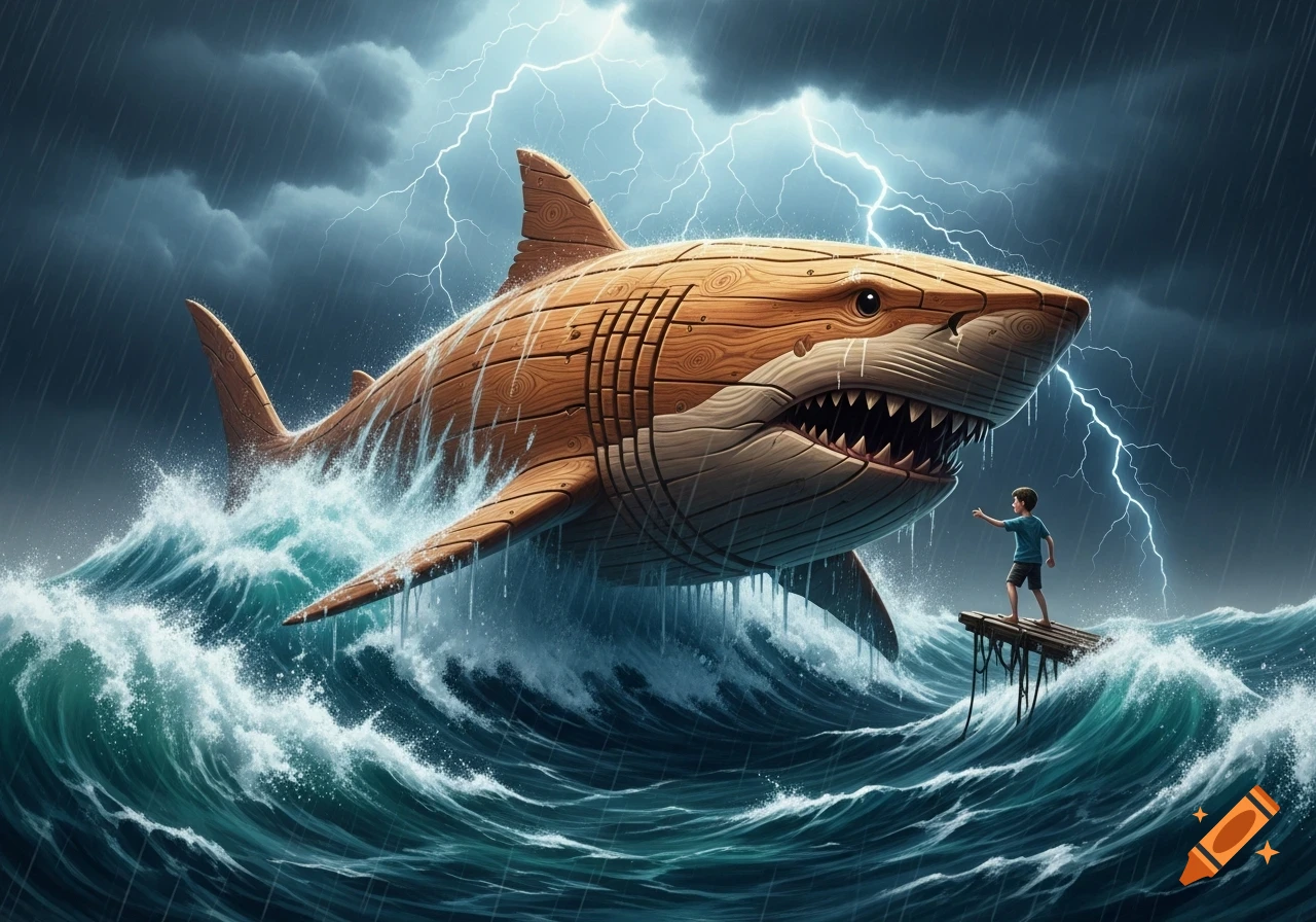 An illustration of a giant wooden shark leaping from stormy seas near a boy on a raft under a lightning storm.