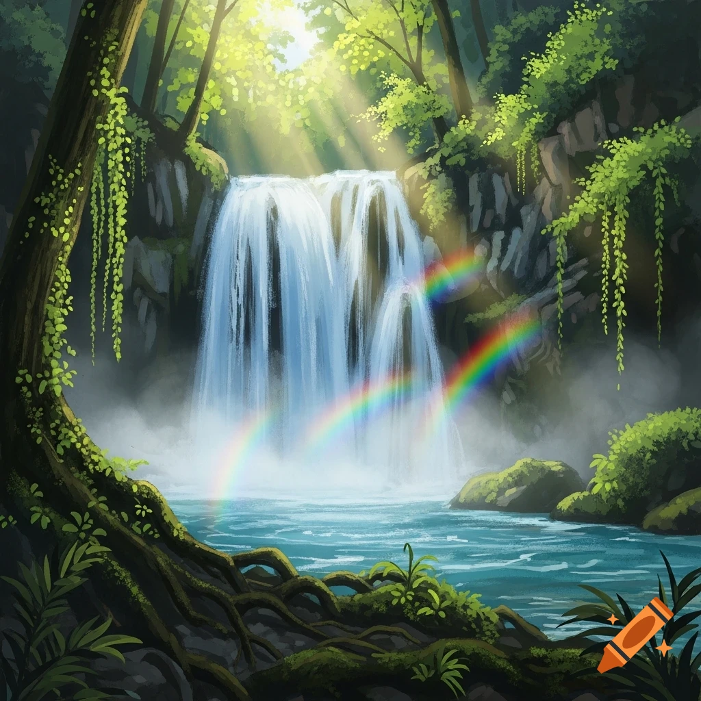 Vibrant illustration of a majestic waterfall cascading into a serene forest river, bathed in sunbeams with a visible rainbow.