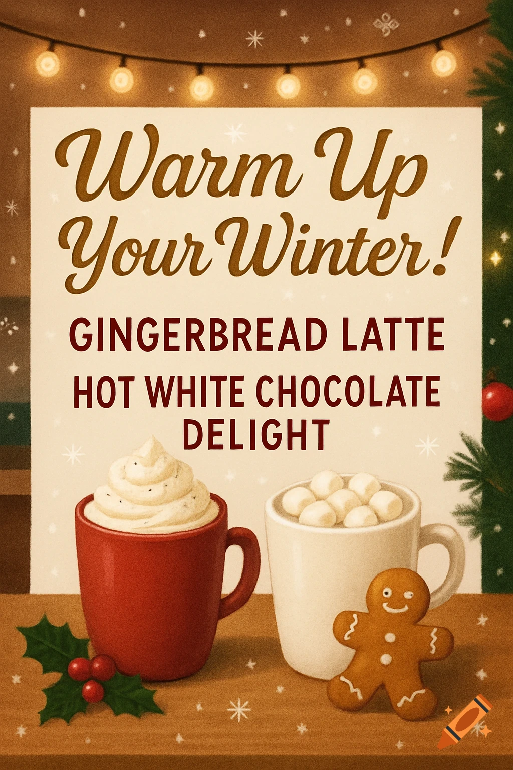 Christmas poster with 'Warm Up Your Winter!' text, gingerbread latte, hot chocolate, and a gingerbread man in a cozy, vintage style.