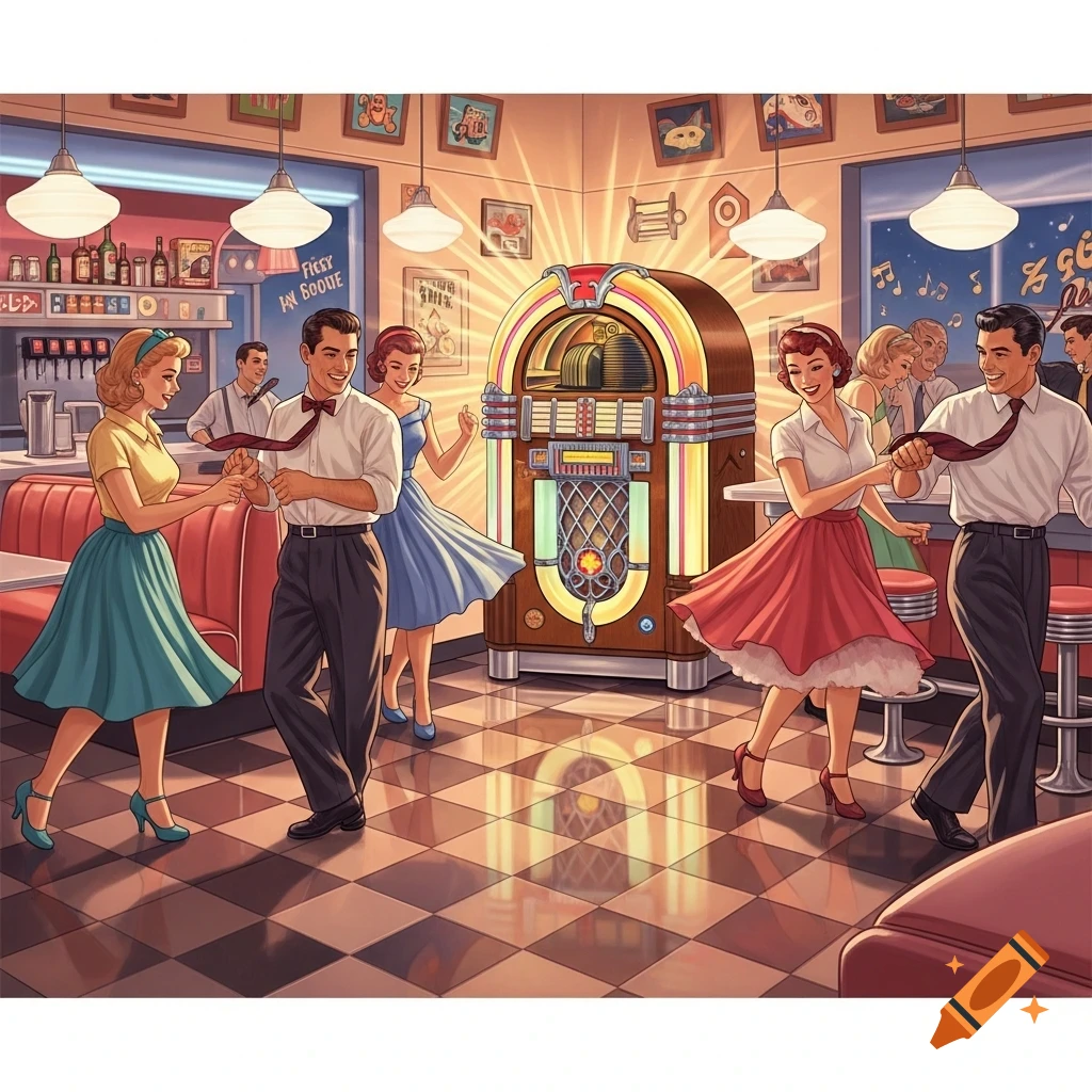 Illustrated scene of men and women dancing in a vibrant 1950s diner with a glowing jukebox in the background.
