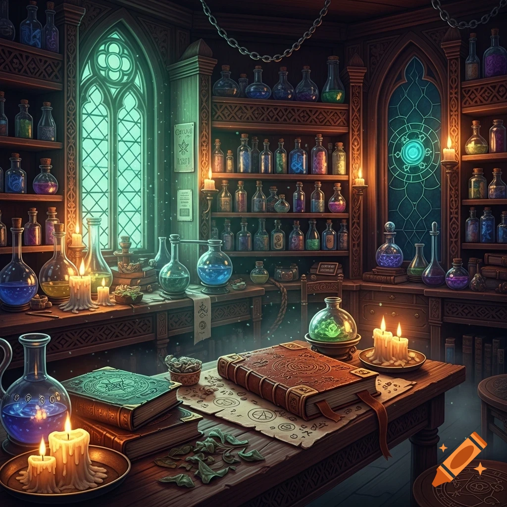 A dimly lit alchemist's workshop filled with glowing potions in glass bottles, ancient books, and lit candles on wooden tables and shelves.