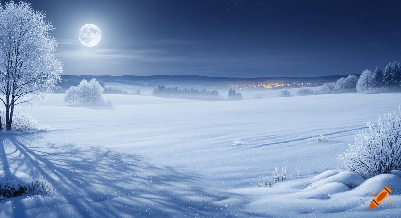 A photorealistic winter landscape at night, with snow-covered fields, frosted trees, a bright full moon, and distant village lights.