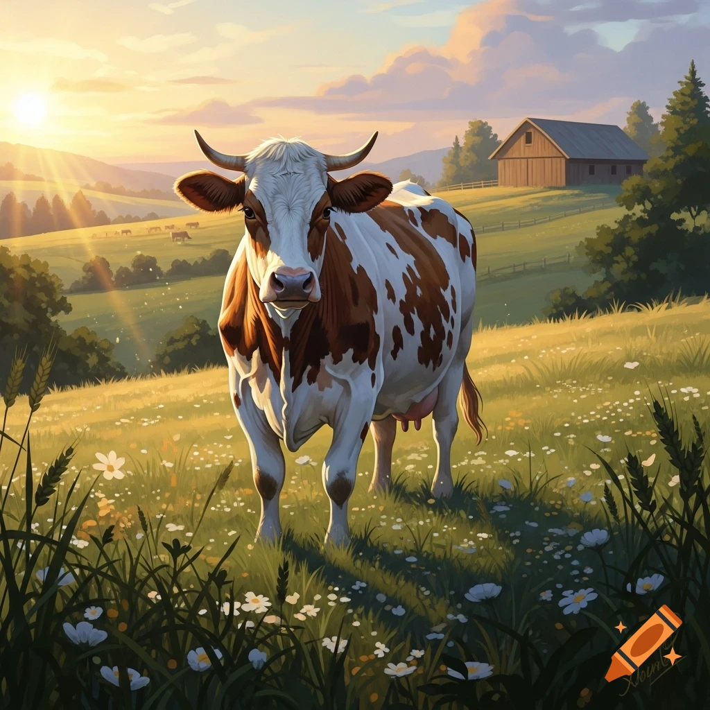 A brown and white cow stands in a green, flower-filled field at sunset, with a wooden barn on a distant hill.