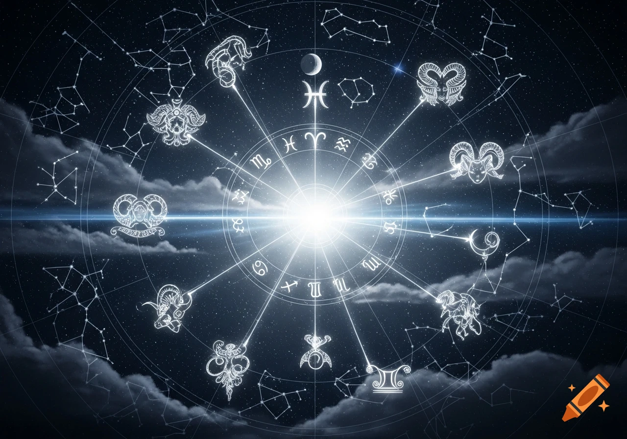 A mystical night sky with a zodiac wheel, constellations, and glowing astrological symbols against clouds.