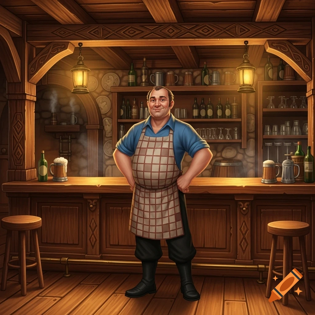 An illustrated man in a blue shirt and checkered apron stands confidently behind a wooden bar in a cozy tavern, smiling.
