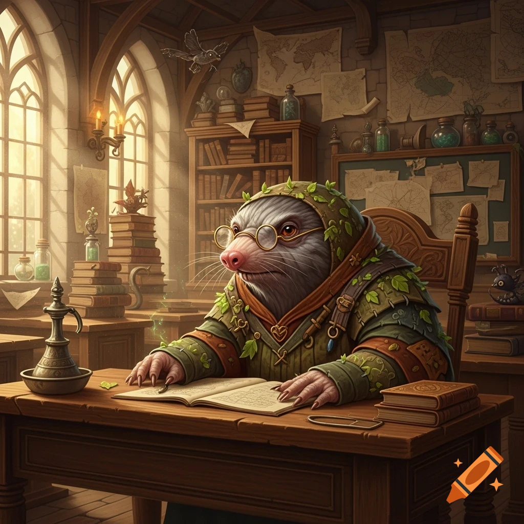 A mole-like creature, wearing glasses and a leafy green robe, sits at a wooden desk in a sunlit, ornate study, writing in an open book.