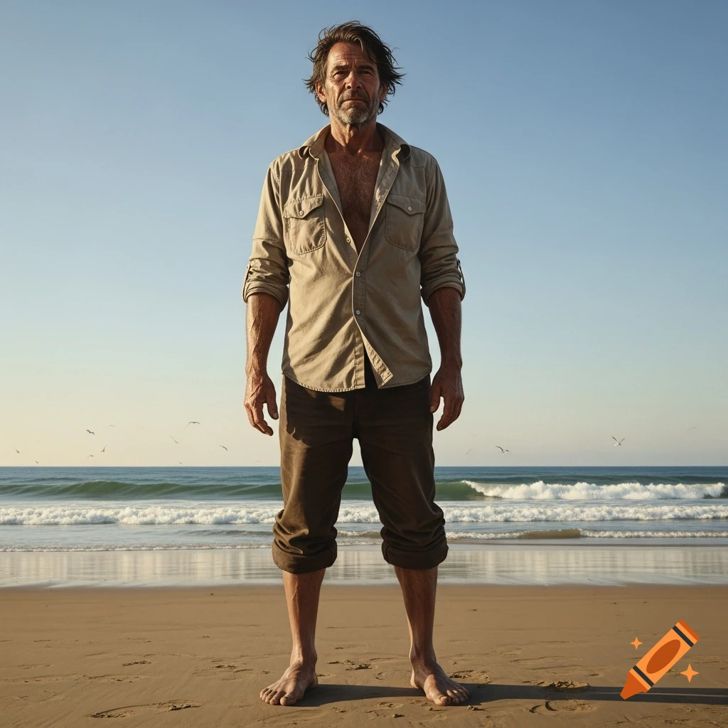 A rugged man with an open collared shirt stands barefoot on a sandy beach, facing forward with ocean waves in the background under a clear sky.