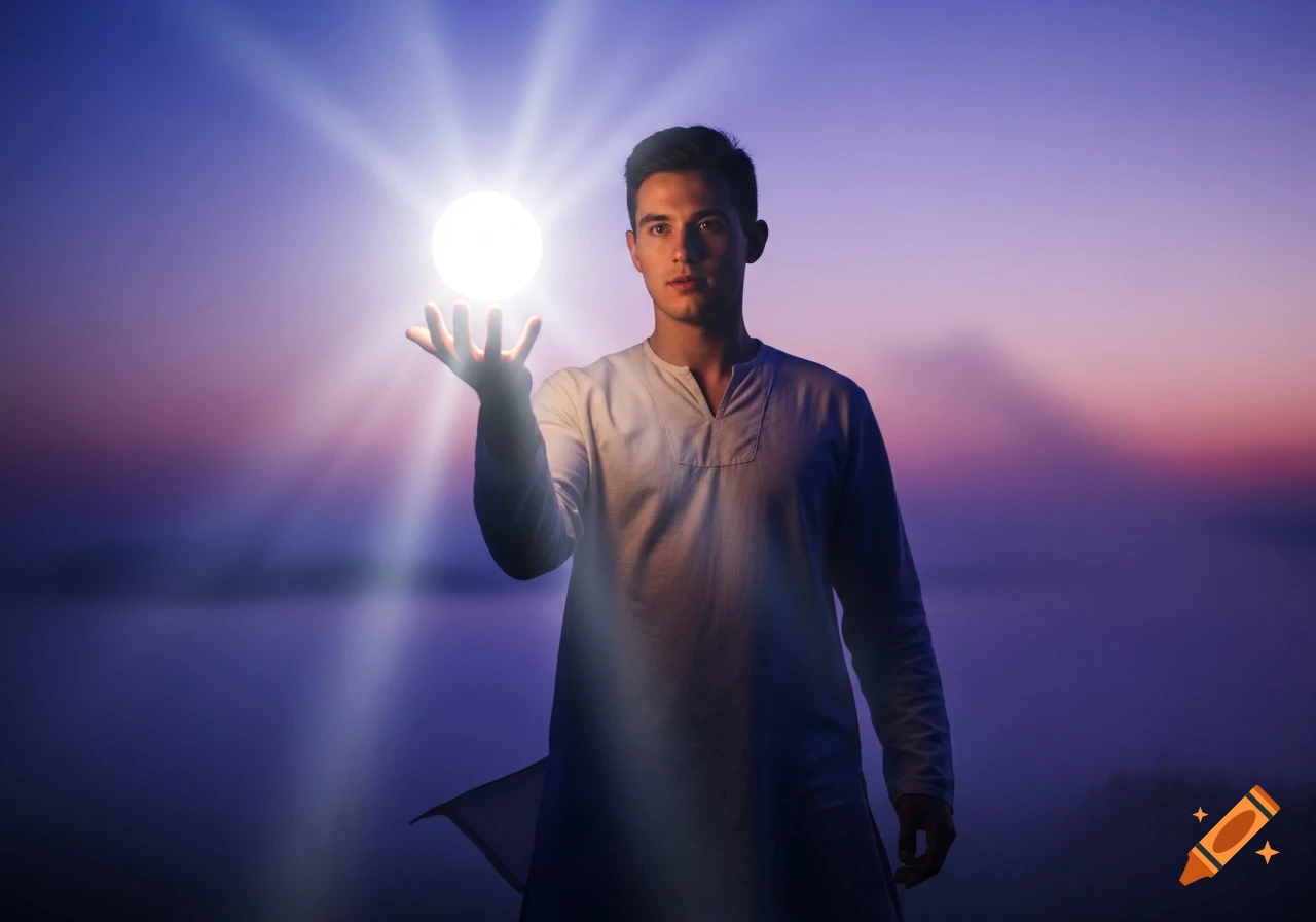 A young man in a white tunic holds a glowing white orb in his outstretched hand against a mystical purple and orange sunset sky.