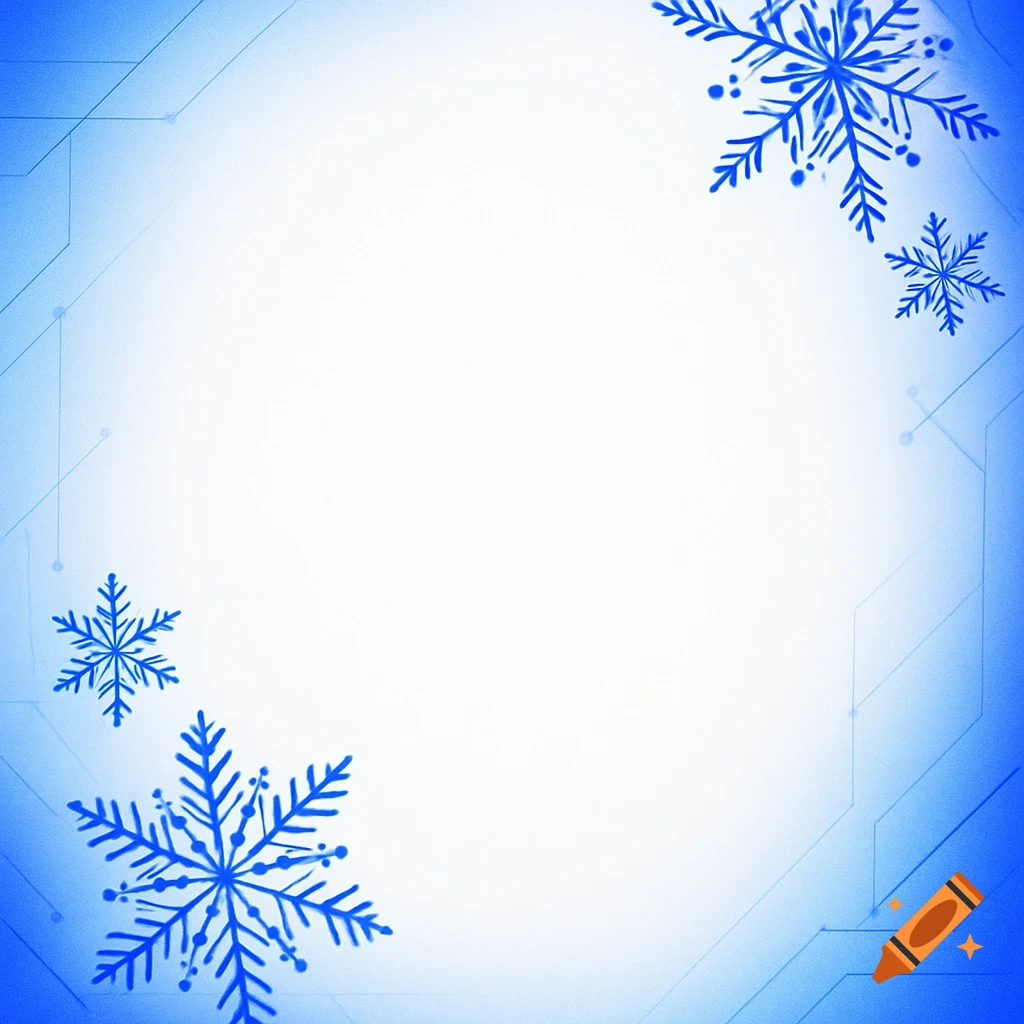 Minimalist white and blue background with soft snowflakes and subtle geometric tech lines.