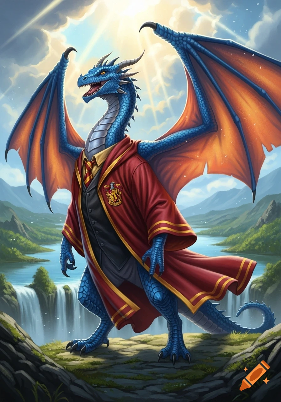 A blue dragon with large wings wears a red Gryffindor wizard robe and tie, standing on a rocky cliff above a river and waterfalls, beneath a sunlit sky.