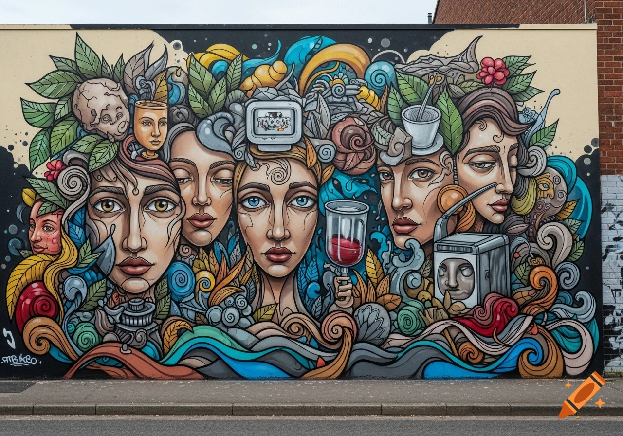 Vibrant street art mural depicting stylized female faces intertwined with leaves, plants, abstract shapes, and various objects on an urban wall.