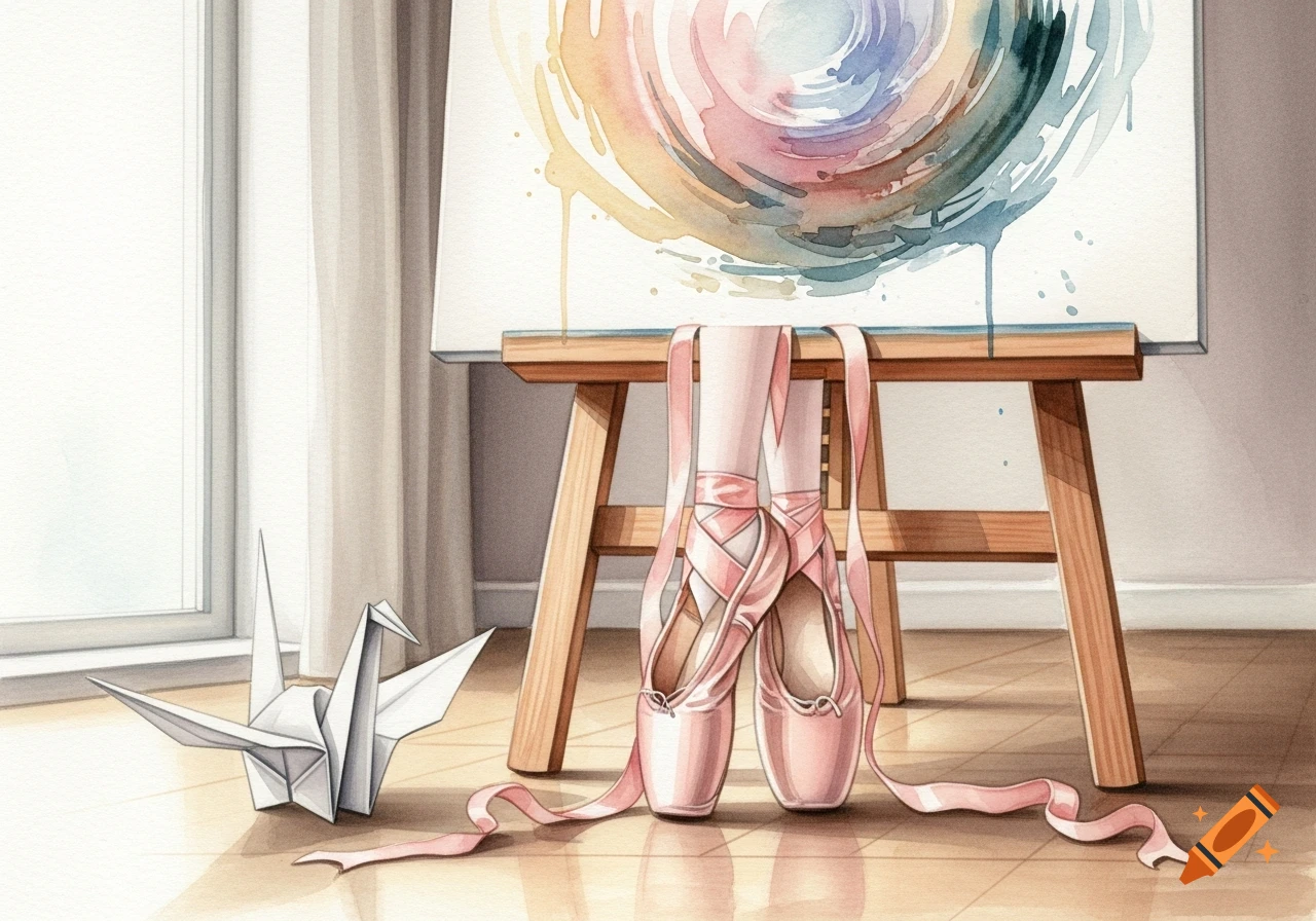 Pink ballet shoes on a wooden floor near a window, with an easel holding a colorful watercolor painting and a paper crane.