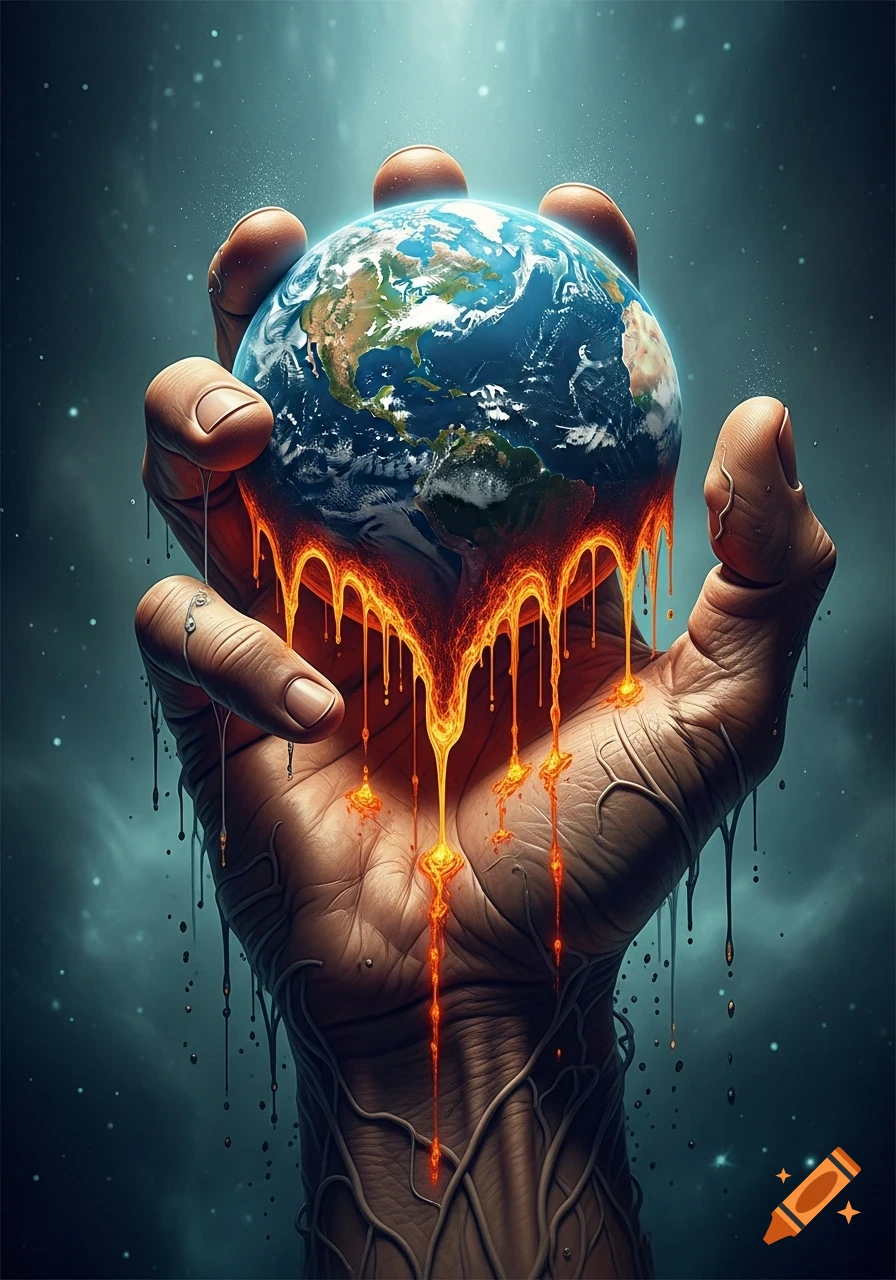 A giant, veiny hand holding a melting Earth, with fiery liquid dripping onto the palm against a dark, starry space background.