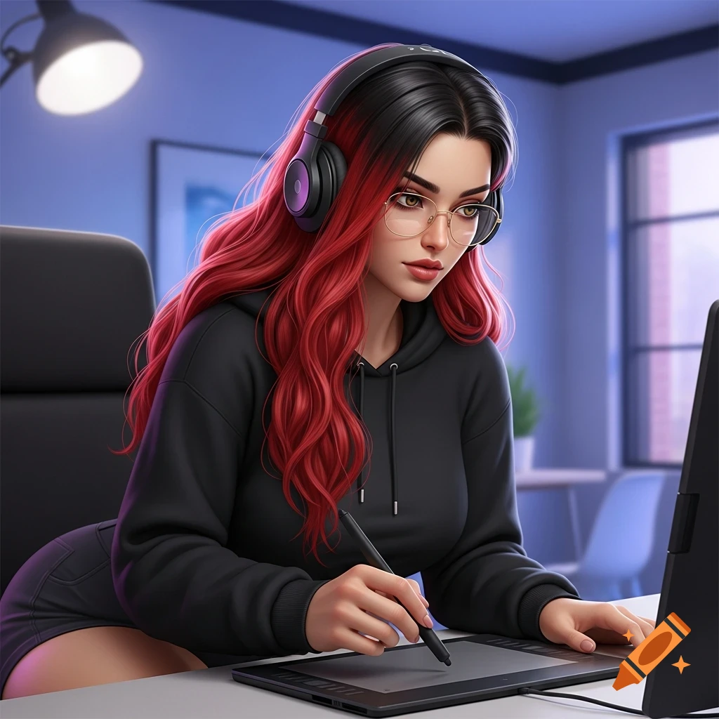 A young woman with red and black hair, glasses, and headphones, drawing on a graphics tablet at a computer.