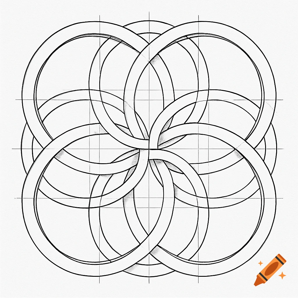 Black and white line drawing of a complex pattern of overlapping and intersecting rings on a grid.