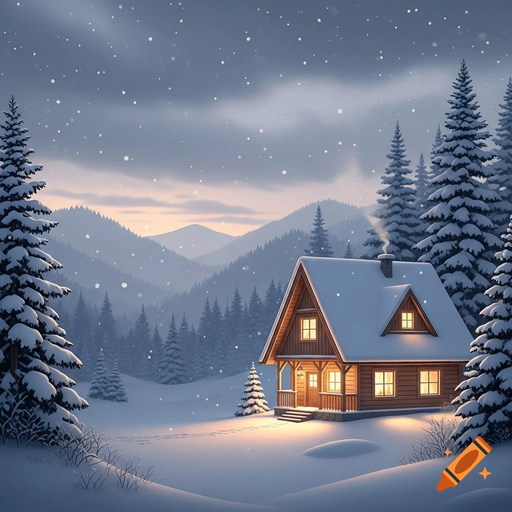 A cozy wooden cabin with glowing windows nestled in a snowy mountain landscape with pine trees and falling snow at dusk.