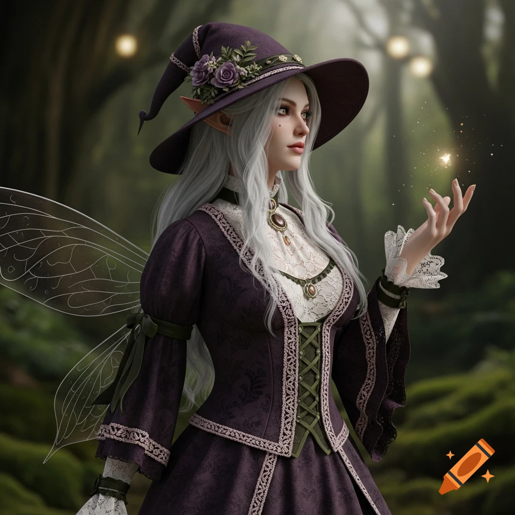 A pale-haired fairy witch in a dark purple dress and hat, with pointed ears and translucent wings, holding a glowing light in a magical forest.